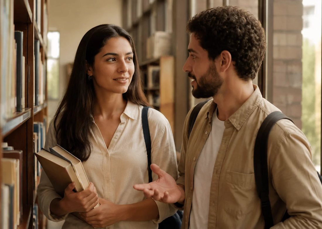 Participantes conversando em pé no corredor entre estantes de livros altas